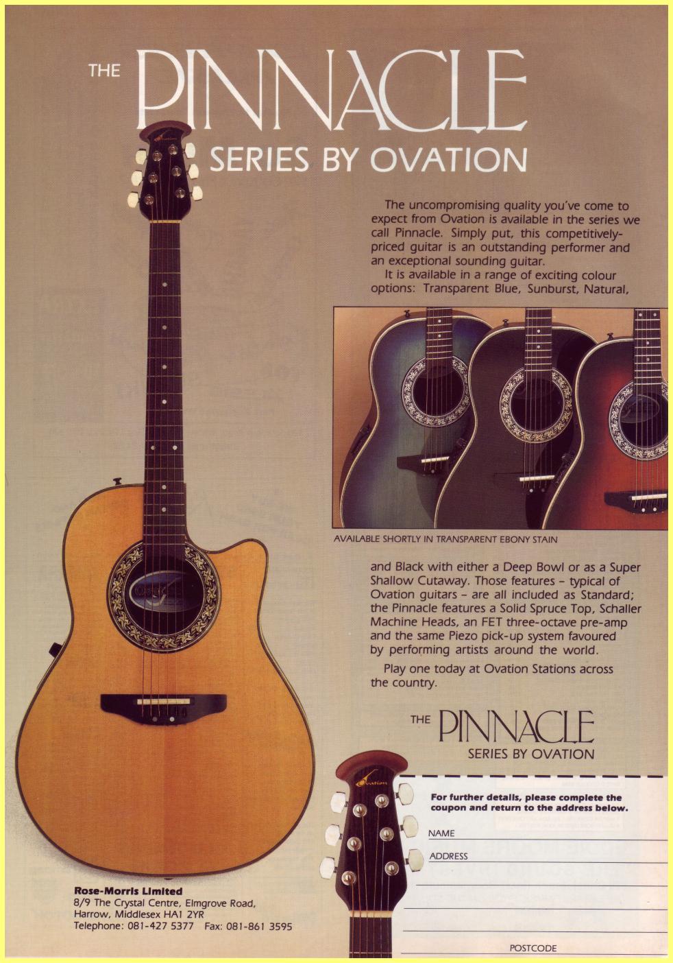 Ovation Pinnacle Series 1991 UK Ad